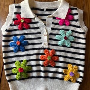 BiBi Black & White Striped Womens Vest with Colorful Crochet Flowers